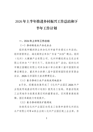 2026年上半年推进乡村振兴工作总结和下半年工作计划
