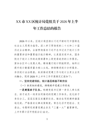 XX市XX区统计局党组关于2026年上半年工作总结的报告