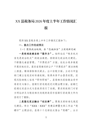 XX县税务局2026年度上半年工作情况汇报