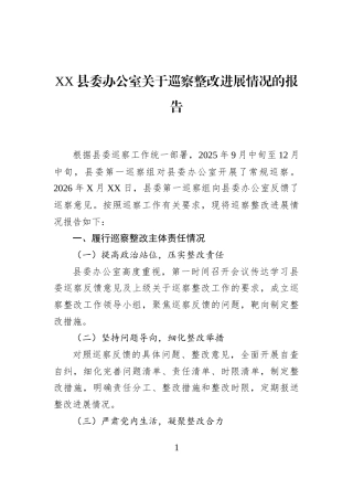 XX县委办公室关于巡察整改进展情况的报告