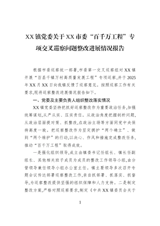 XX镇党委关于XX市委“百千万工程”专项交叉巡察问题整改进展情况报告