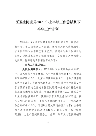 区卫生健康局2026年上半年工作总结及下半年工作计划