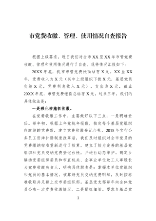 市党费收缴、管理、使用情况自查报告