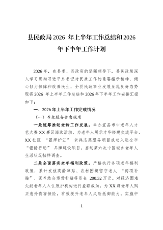 县民政局2026+年上半年工作总结和2026+年下半年工作计划