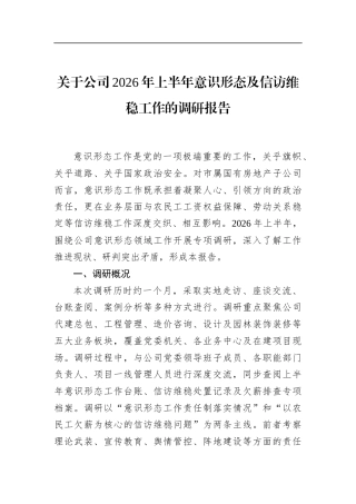 关于公司2026年上半年意识形态及信访维稳工作的调研报告