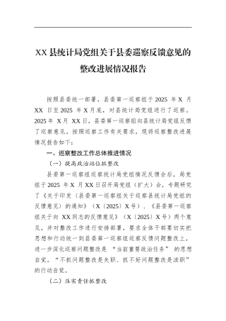 县统计局党组关于县委巡察反馈意见的整改进展情况报告