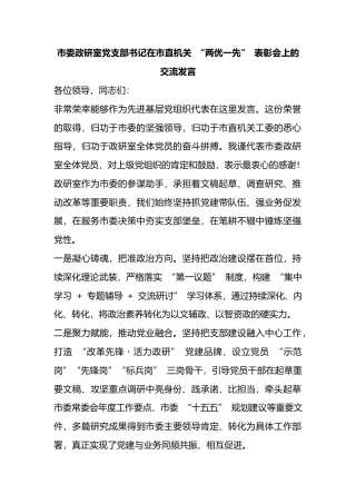 市委政研室党支部书记在市直机关“两优一先”表彰会上的交流发言