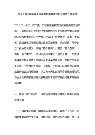 国企纪委2026年上半年党风廉政建设和反腐败工作总结