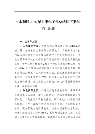市水利局2026年上半年工作总结和下半年工作计划