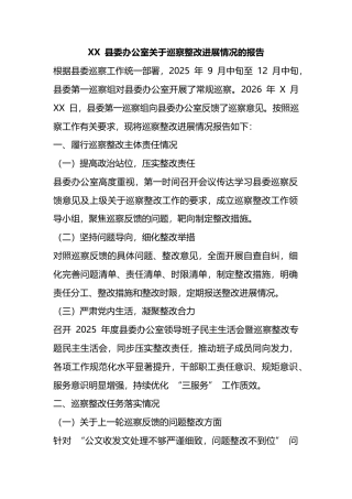 县委办公室关于巡察整改进展情况的报告