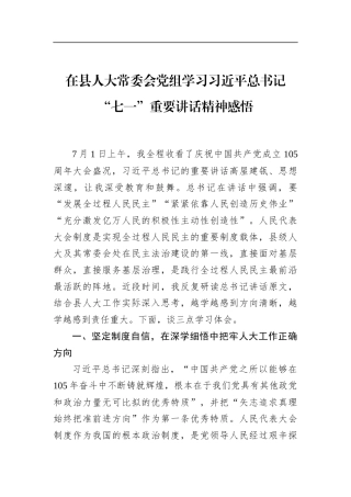 在县人大常委会党组学习“七一”重要讲话精神感悟