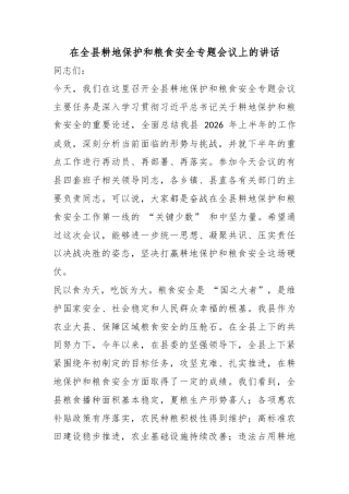 在全县耕地保护和粮食安全专题会议上的讲话