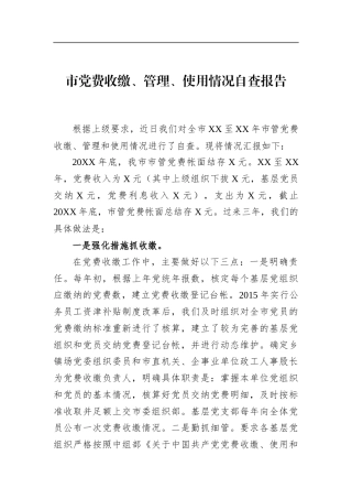 市党费收缴、管理、使用情况自查报告