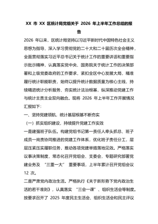 市区统计局党组关于2026年上半年工作总结的报告