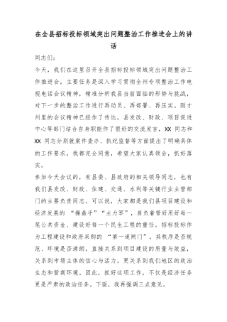 在全县招标投标领域突出问题整治工作推进会上的讲话