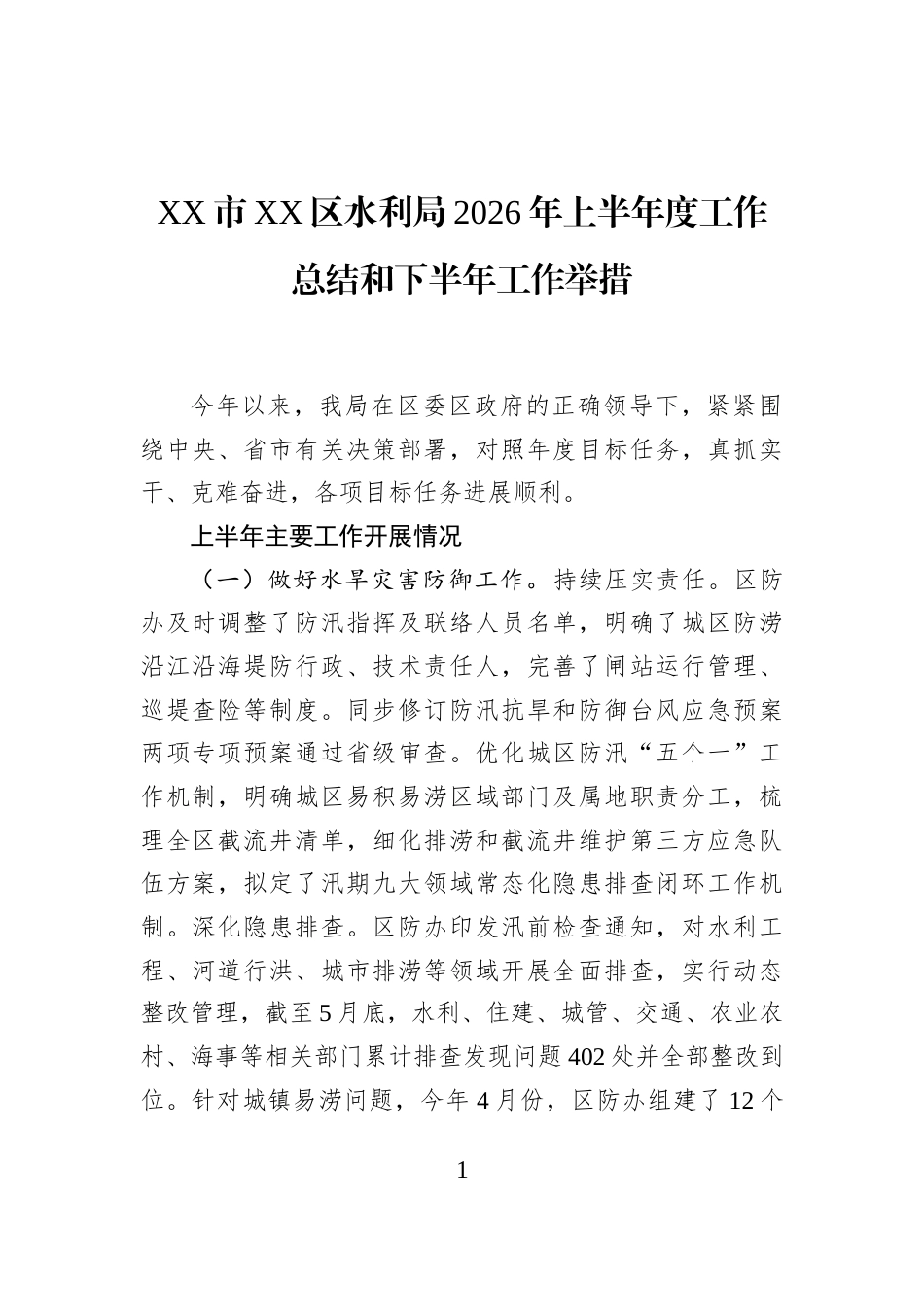 XX市XX区水利局2026年上半年度工作总结和下半年工作举措_第1页