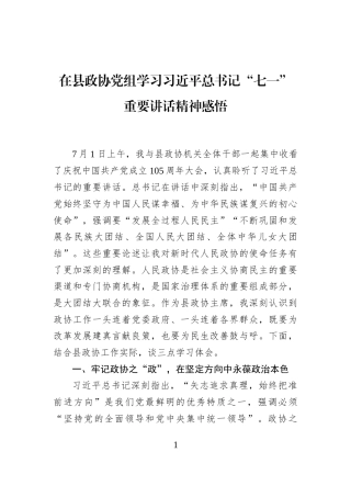 在县政协党组学习习近平总书记“七一”重要讲话精神感悟