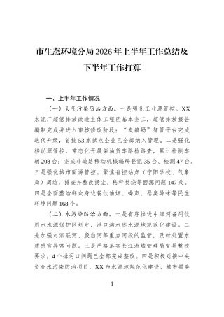 市生态环境分局2026年上半年工作总结及下半年工作打算