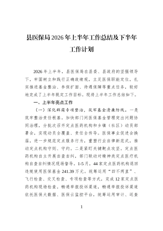 县医保局2026年上半年工作总结及下半年工作计划