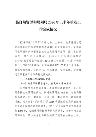 县自然资源和规划局2026年上半年重点工作完成情况