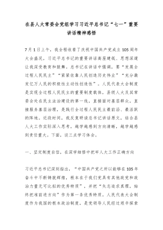 在县人大常委会党组学习党“七一”重要讲话精神感悟