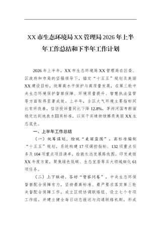 市生态环境局管理局2026年上半年工作总结和下半年工作计划