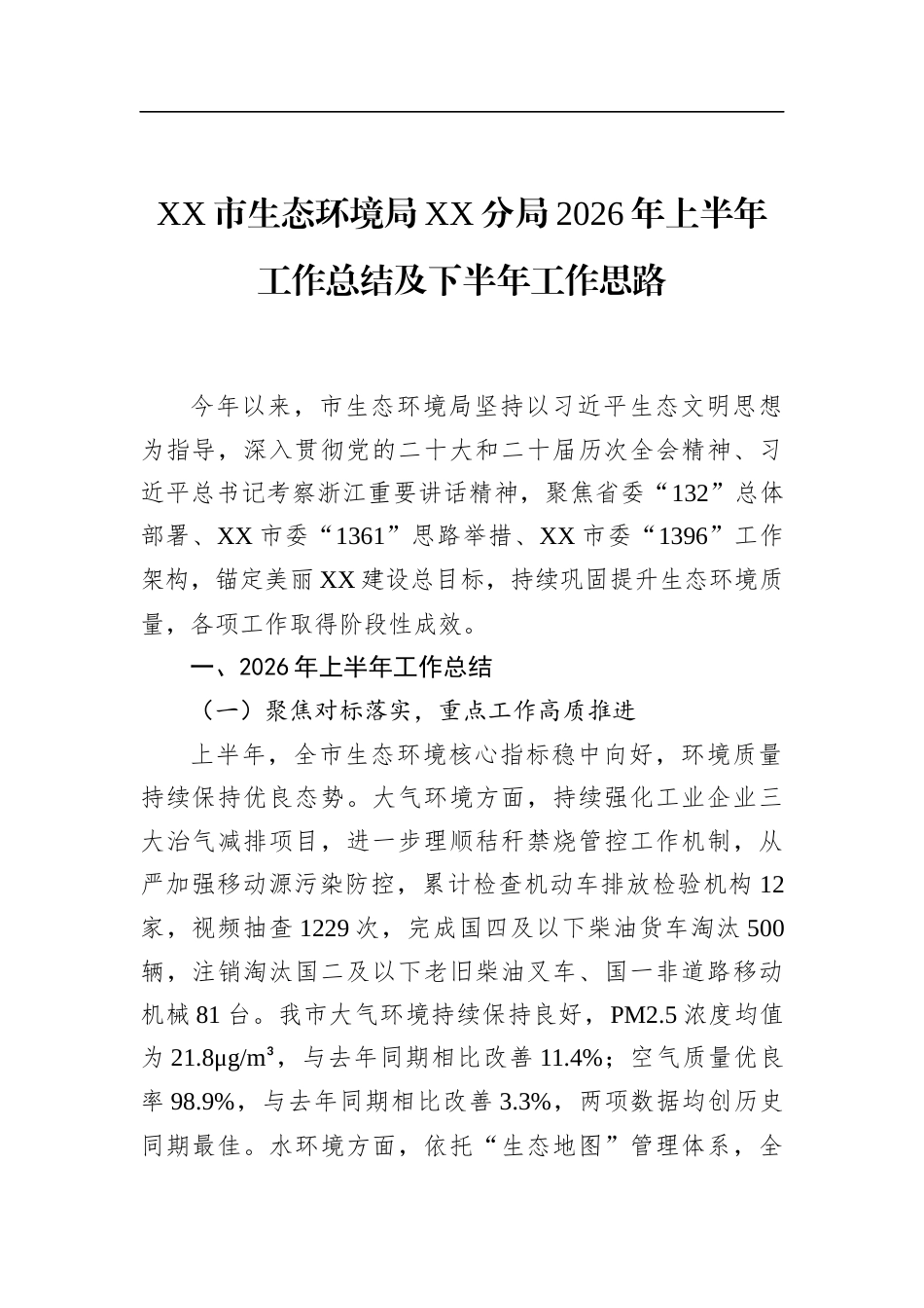市生态环境局分局2026年上半年工作总结及下半年工作思路_第1页