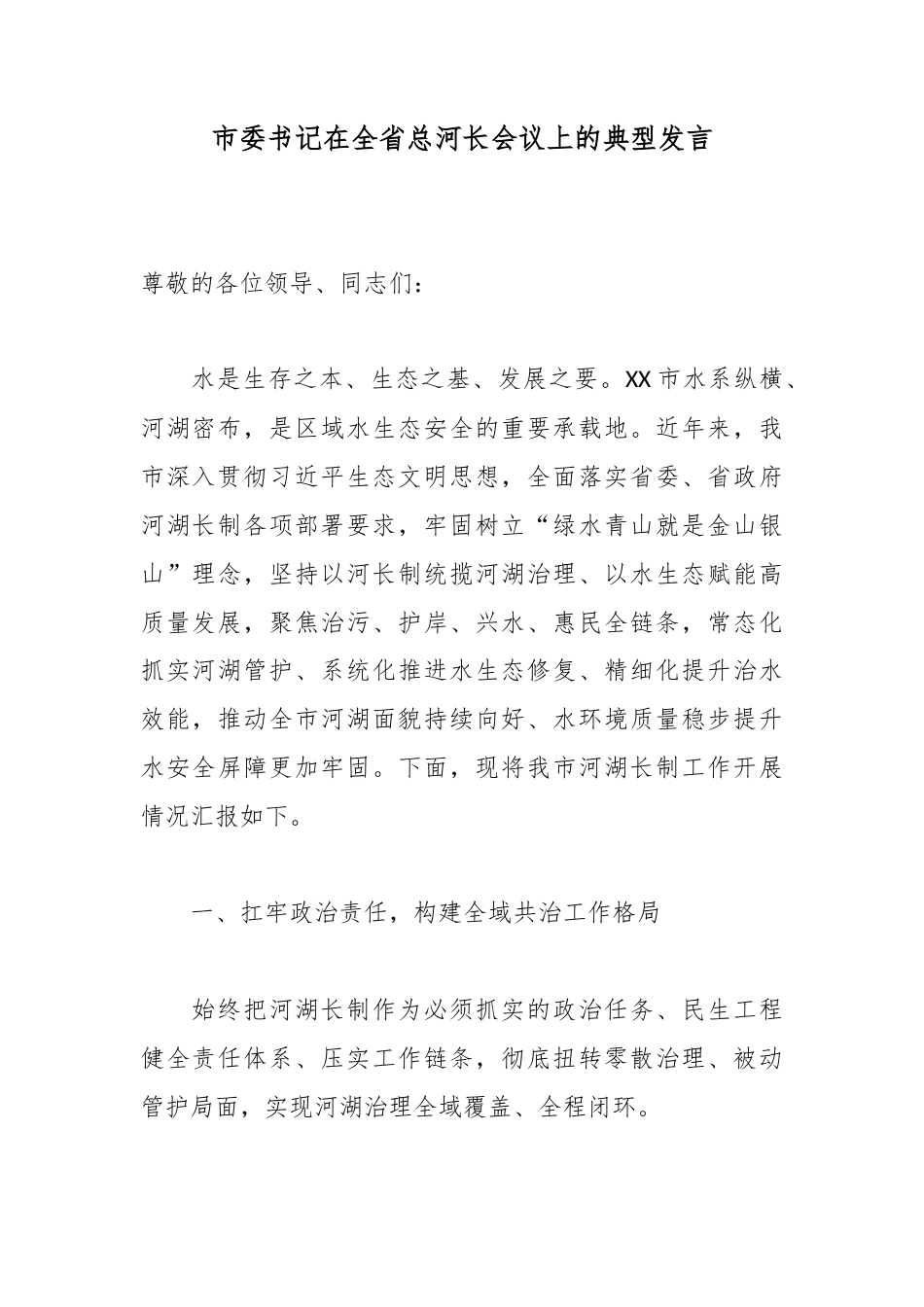 市委书记在全省总河长会议上的典型发言_第1页