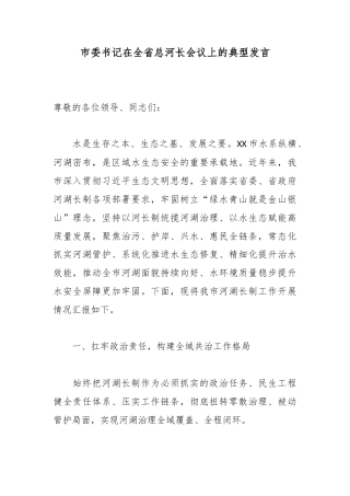 市委书记在全省总河长会议上的典型发言