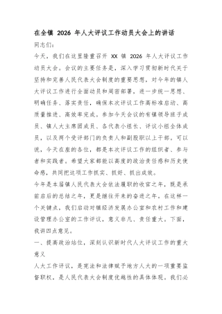 在全镇2026年人大评议工作动员大会上的讲话