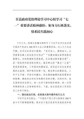 在县政府党组理论学习中心组学习“七一”重要讲话精神感悟：躬身力行抓落实，情系民生践初心