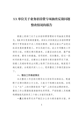 XX单位关于业务招待费专项抽查反馈问题整改情况的报告