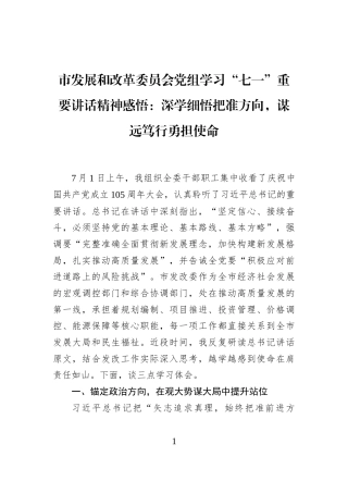 市发展和改革委员会党组学习“七一”重要讲话精神感悟：深学细悟把准方向，谋远笃行勇担使命