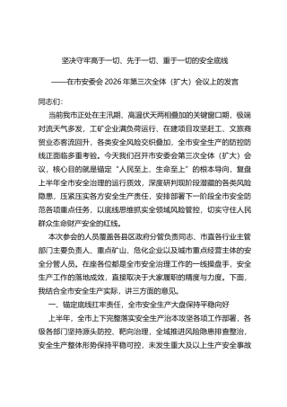 在市安委会2026年第三次全体（扩大）会议上的发言