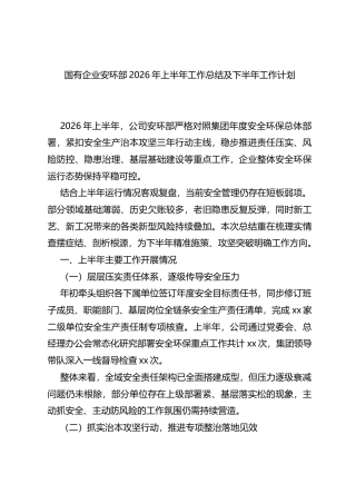 国有企业安环部2026年上半年工作总结及下半年工作计划