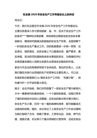 在全镇2026年安全生产工作专题会议上的讲话