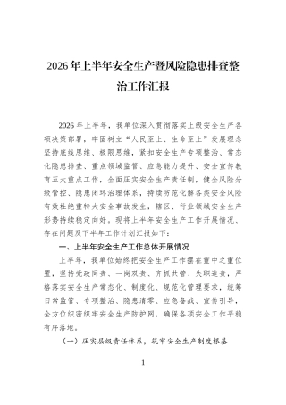 2026年上半年安全生产暨风险隐患排查整治工作汇报