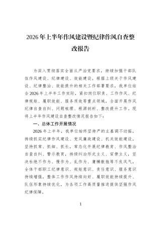 2026年上半年作风建设暨纪律作风自查整改报告