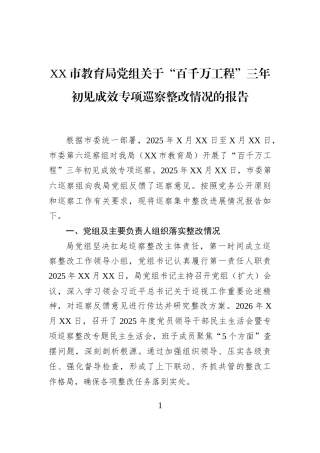 XX市教育局党组关于“百千万工程”三年初见成效专项巡察整改情况的报告