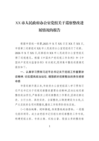 XX市人民政府办公室党组关于巡察整改进展情况的报告