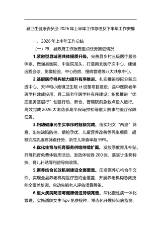 县卫生健康委员会2026年上半年工作总结及下半年工作安排计划