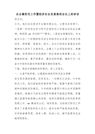 在全镇防汛工作暨经济社会发展推进会议上的讲话