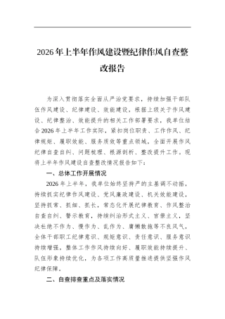 2026年上半年作风建设暨纪律作风自查整改报告
