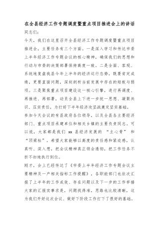 在全县经济工作专题调度暨重点项目推进会上的讲话