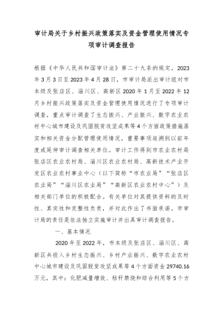 审计局关于乡村振兴政策落实及资金管理使用情况专项审计调查报告