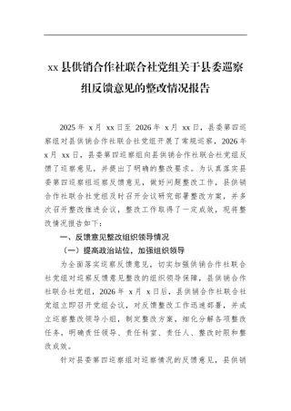 县供销合作社联合社党组关于县委巡察组反馈意见的整改情况报告