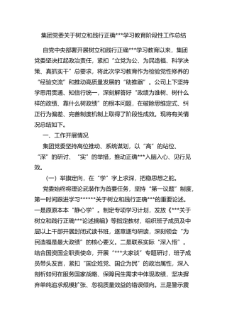 集团党委关于树立和践行正确政绩观学习教育阶段性工作总结