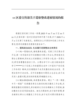 区委宣传部关于巡察整改进展情况的报告