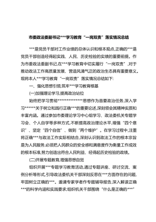 市委政法委副书记政绩观学习教育“一岗双责”落实情况总结