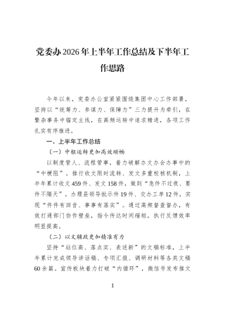 党委办2026年上半年工作总结及下半年工作思路